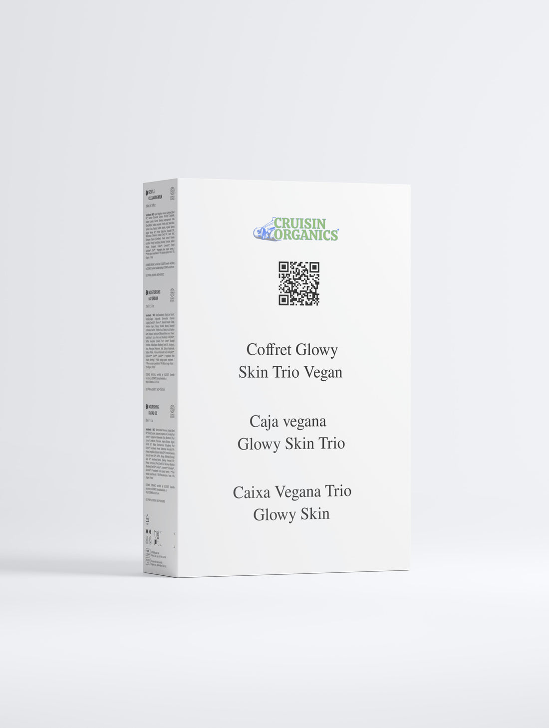Cruisin Organics skincare product packaging on a white background. Elevate your skincare offerings with the Glowy Skin Trio Collection Box designed to deliver gentle, nurtured skin. Safe to use by all skin types—a routine fit for everyone, every day. * Gentle Skin Cleansing Milk: Soft texture, perfect for cleansing off impurities while nourishing the skin. Daily Moisture Cream: A quick-absorbing face cream enriched with multi-molecular hyaluronic acid and plant extracts, leaving the skin dewy, and plump.