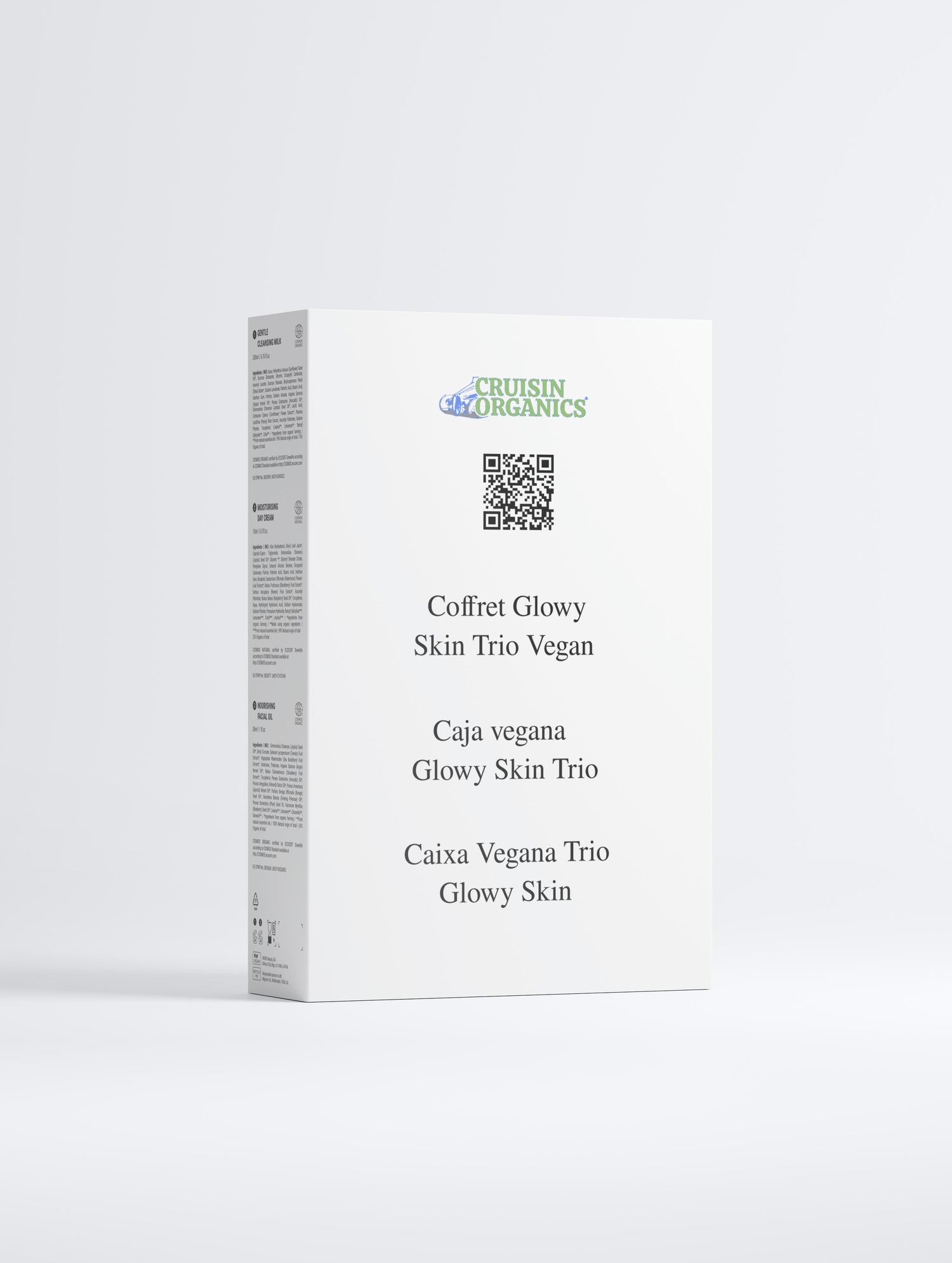 Cruisin Organics skincare product packaging on a white background. Elevate your skincare offerings with the Glowy Skin Trio Collection Box designed to deliver gentle, nurtured skin. Safe to use by all skin types—a routine fit for everyone, every day. * Gentle Skin Cleansing Milk: Soft texture, perfect for cleansing off impurities while nourishing the skin. Daily Moisture Cream: A quick-absorbing face cream enriched with multi-molecular hyaluronic acid and plant extracts, leaving the skin dewy, and plump.