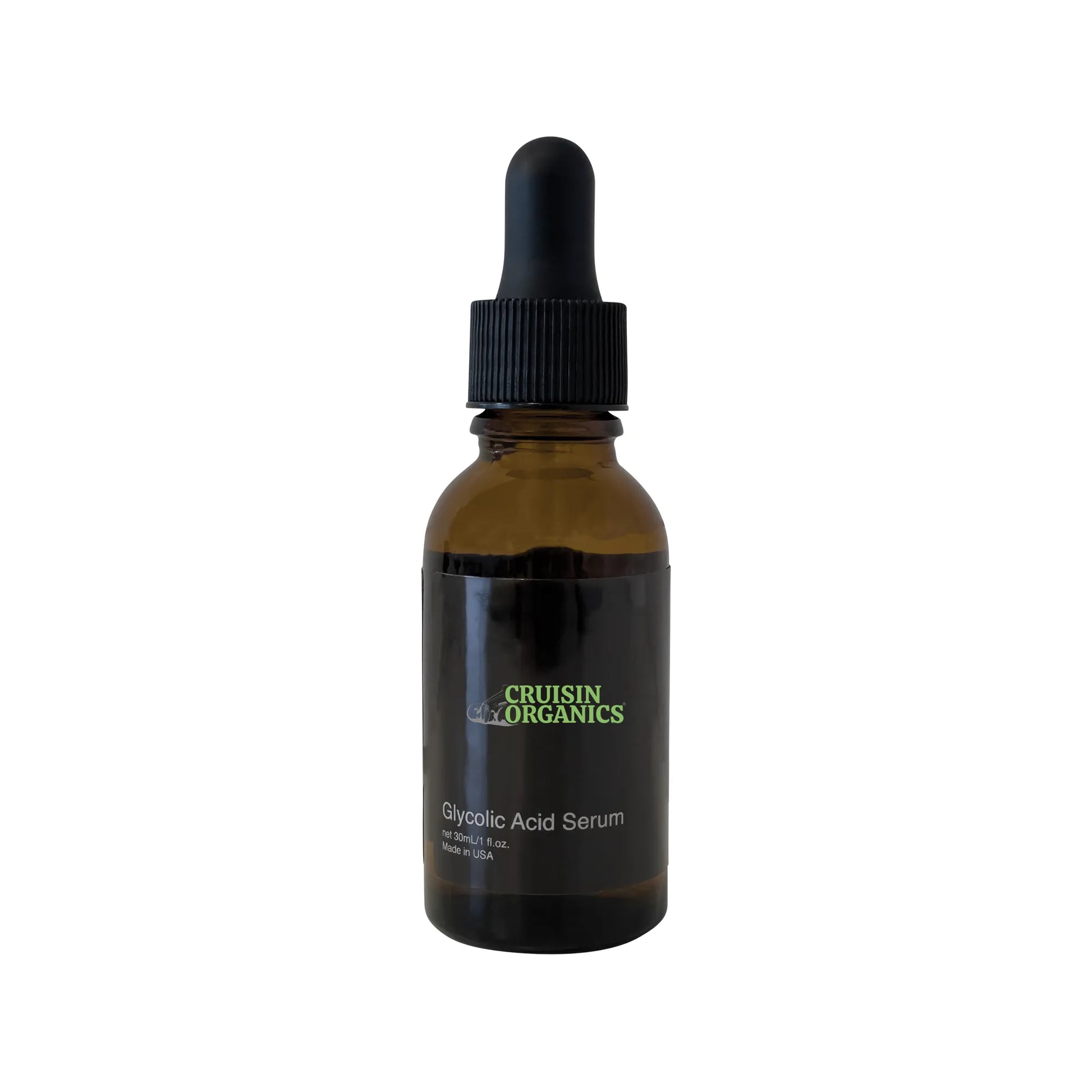 Cruisin Organics Glycolic Acid Serum. A gentle yet fast-acting exfoliant that evens hyperpigmentation, smooths skin tone, and refines texture. Contains glycerin for hydration, vitamin E for antioxidants, and squalane for moisture. Suitable for all skin types.