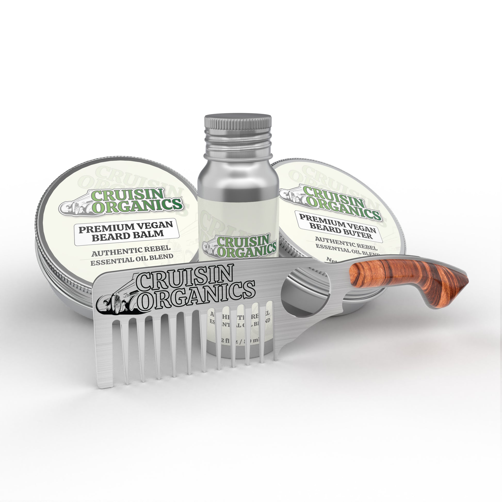 Cruisin Organics bundle includes balm, butter, oil and comb with wooden handle.