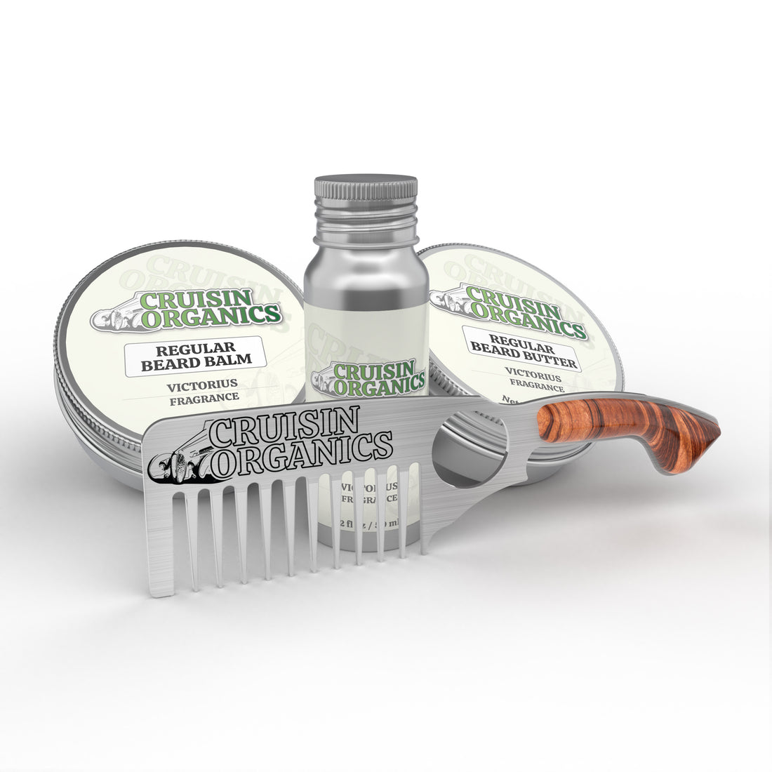 Vegan grooming routine with the Bossie Beard Grooming Bundle. Comes with premium oil, balm, butter, and a sleek steel comb featuring tiger wood scales. Choose from seven irresistible scents to elevate your style. Experience a healthier, softer beard with Cruisin Organics. Unleash your beard&