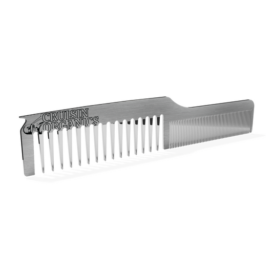 Introducing the Cruisin Organics American Steel Beard Comb, the ultimate styling tool for your hair and beard. Made from hygienic, heat-resistant American Stainless Steel, this durable comb provides precise control and versatility. Its unique dual tooth design prevents static for flawless results every time.