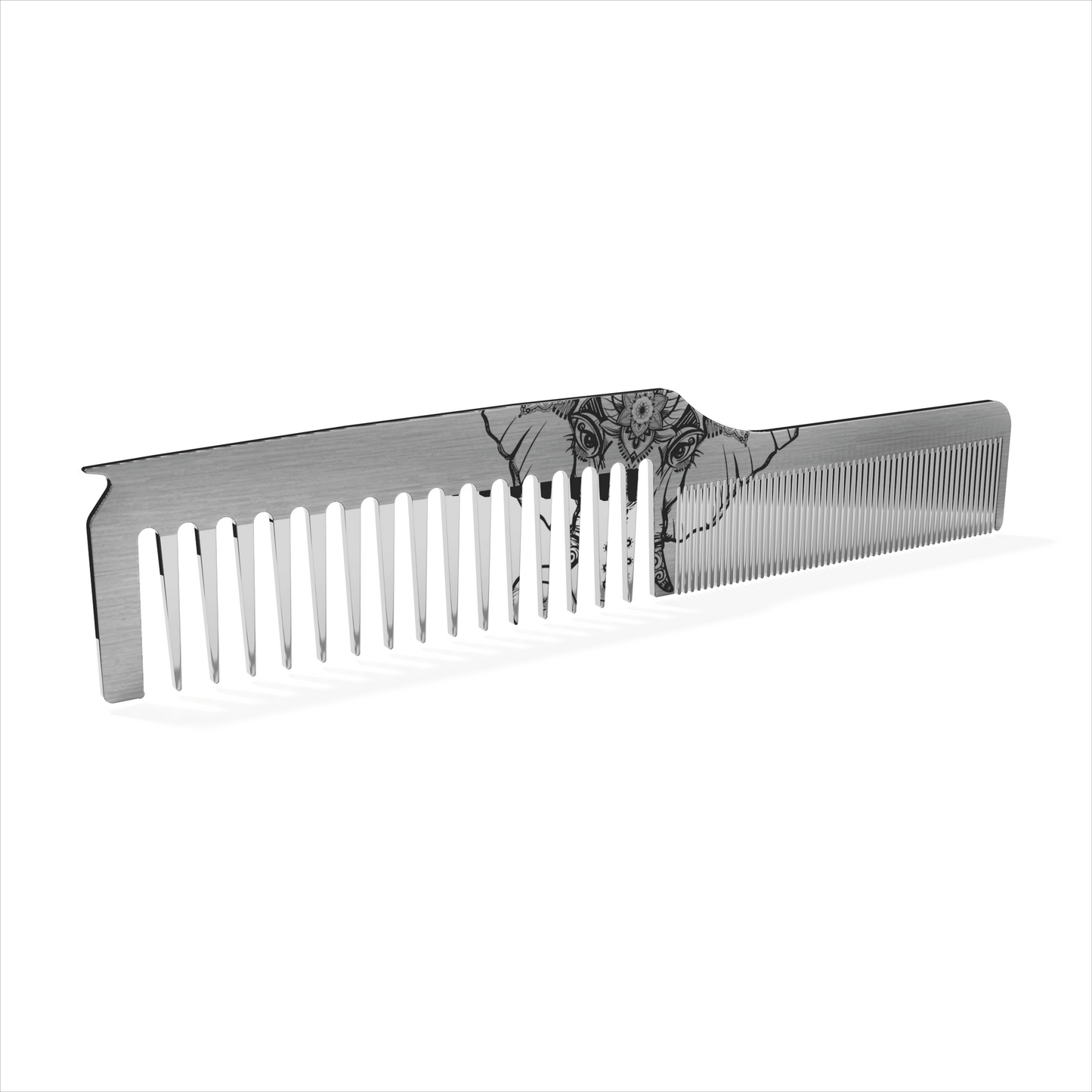 Stainless Steel hair styling comb by Cruisin Organis. Elephant design dual comb.