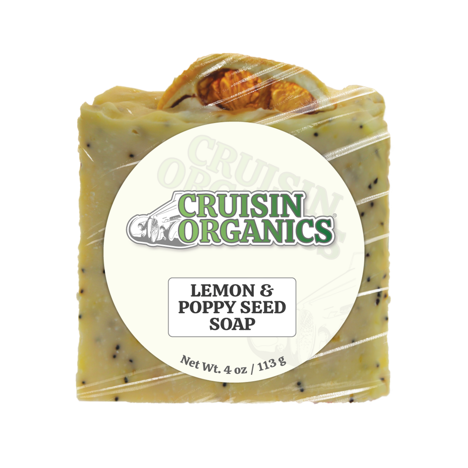 Cruisin Organics Lemon &amp; Poppy Seed Soap for a spa-like experience. Made with nourishing oils, real lemon, and poppy seeds for an invigorating and refreshing scent. Handcrafted and vegan.