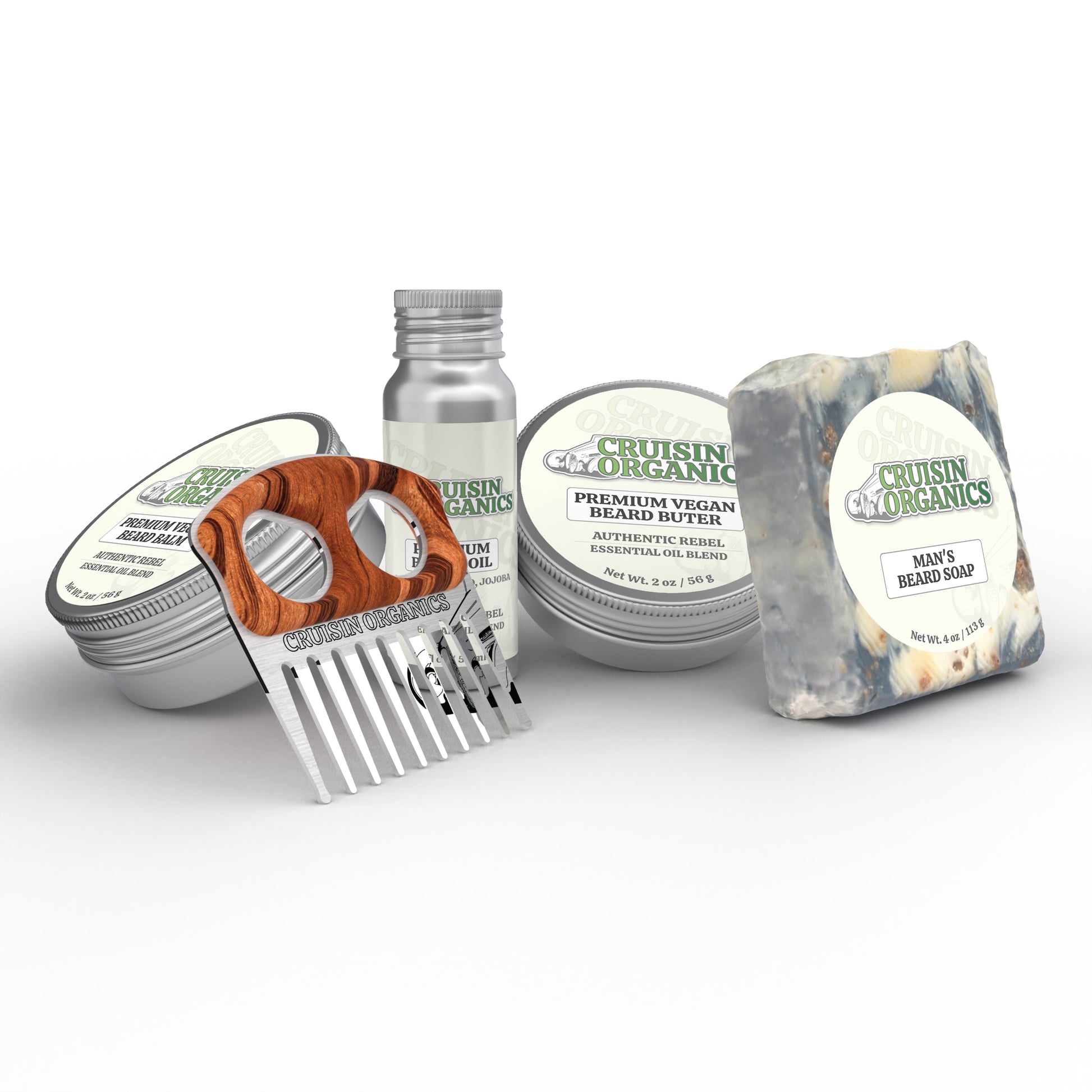 Cruisin Organics Beard bundle includes a soap, butter, oil, balm and comb. Free of palm, dye, bee and handmade with Vegan ingredients.