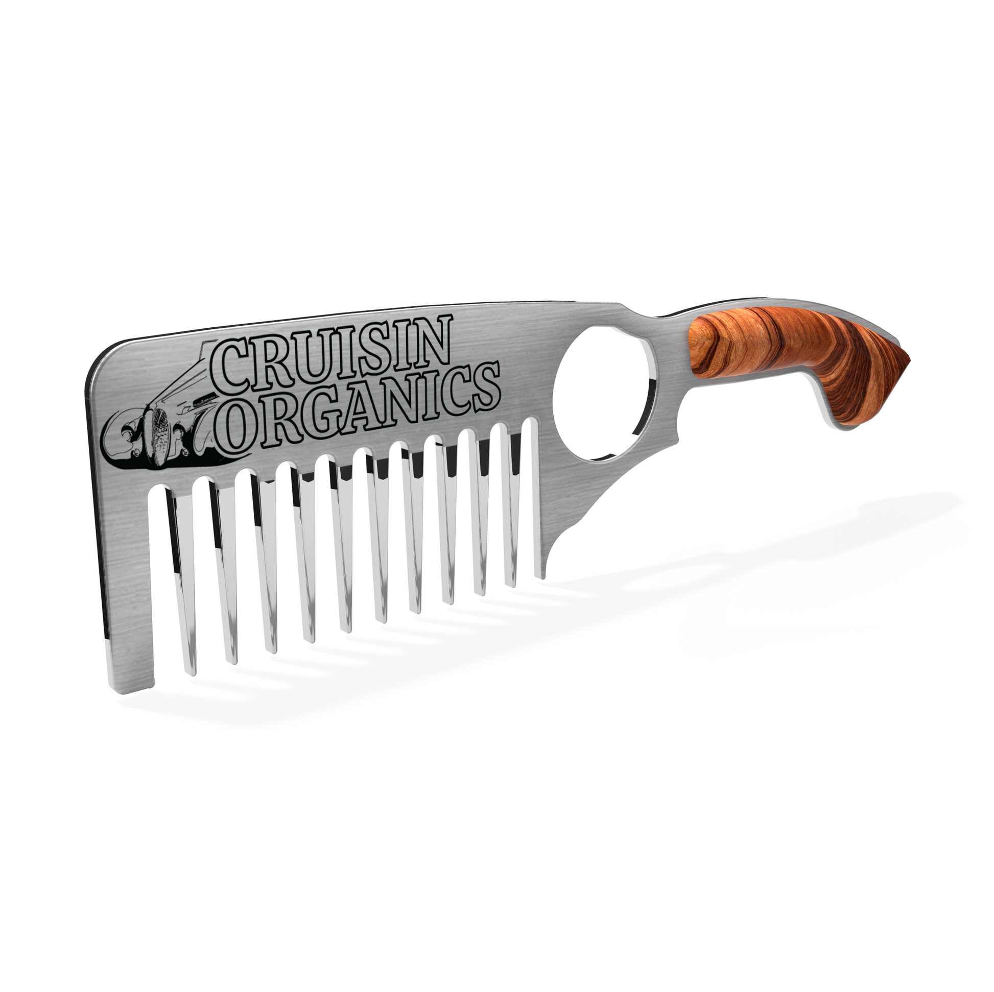 Cruisin Organics Beard Comb - American Stainless. Handcrafted with Tigerwood scales and American Stainless steel, this comb detangles even the thickest and curliest beards without breaking. Durable and timeless, it's a great investment for any daily routine.