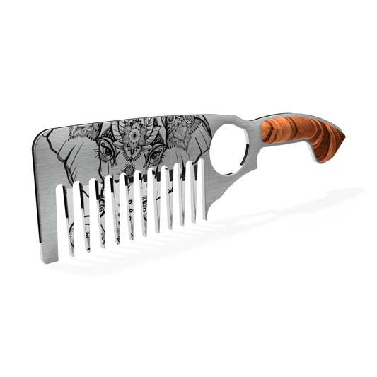 Our Elephant Beard Comb by Cruisin Organics boasts durable stainless steel teeth that effortlessly tackle any type of beard with its sturdy and unbreakable design. Ideal for travel, office, and home use, this comb ensures a sharp and polished look, no matter where you are.