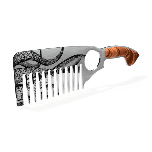 Cruisin Organics octopus graphic beard comb is made with strong American stainless steel and a sturdy wood handle for easy detangling. Keep your beard looking its best with this stylish and functional comb. A must-have for any bearded gentleman.