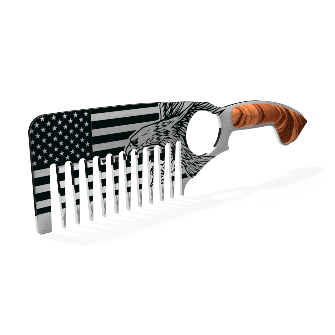 Cruisin Organics America Stainless Steel Beard Comb with a wooden handle.