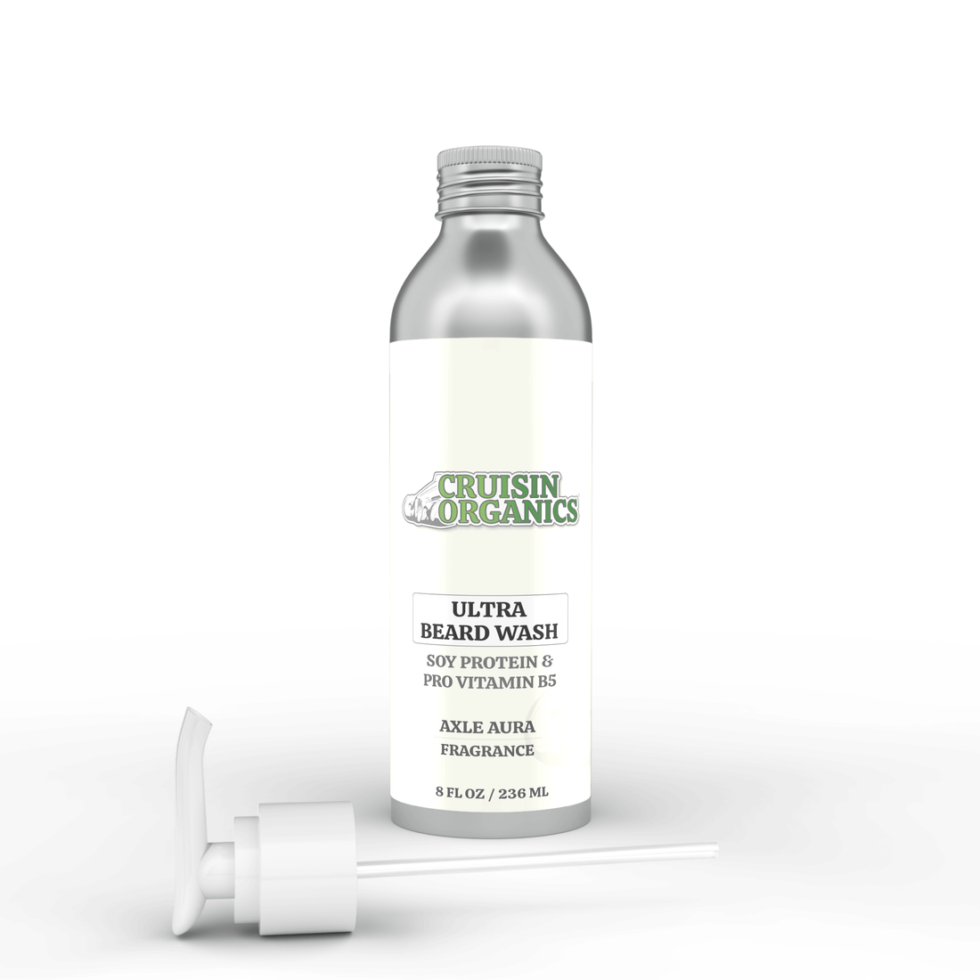 Minimalist lifestyle layout of Cruisin Organics Ultra Beard Wash next to its clean aluminum cap and pump options.