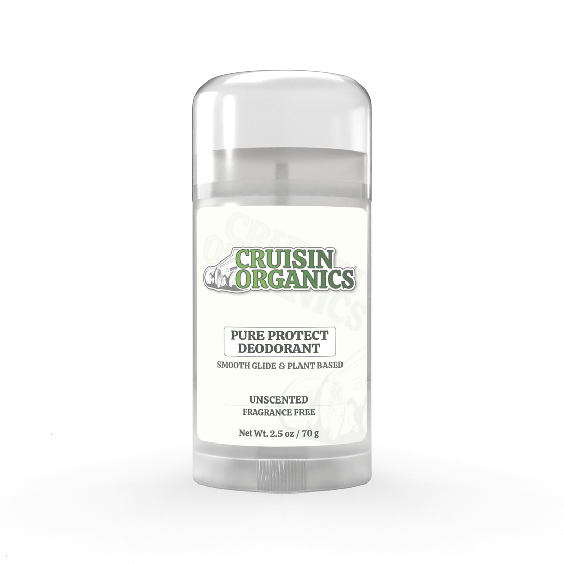 A stick of Cruisin Organics Unscented Pure Protect Deodorant in a transparent tube with white and green labeling. Our Unscented Pure Protect Deodorant is a natural, vegetable-based option that helps your body fight odor the right way. It supports good bacteria on your skin to keep odor away, so you stay fresh and confident all day.