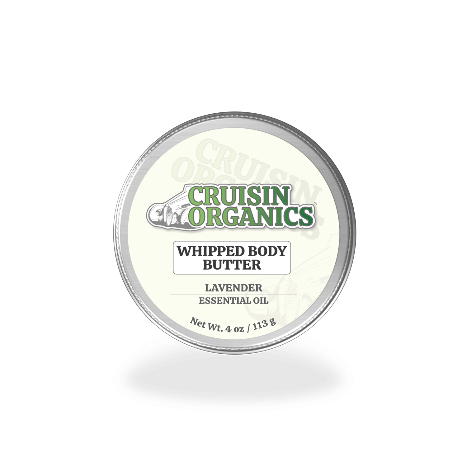 Cruisin Organics whipped body butter made with lavender essential oil. It is paraben-free, Vegan, and handmade.