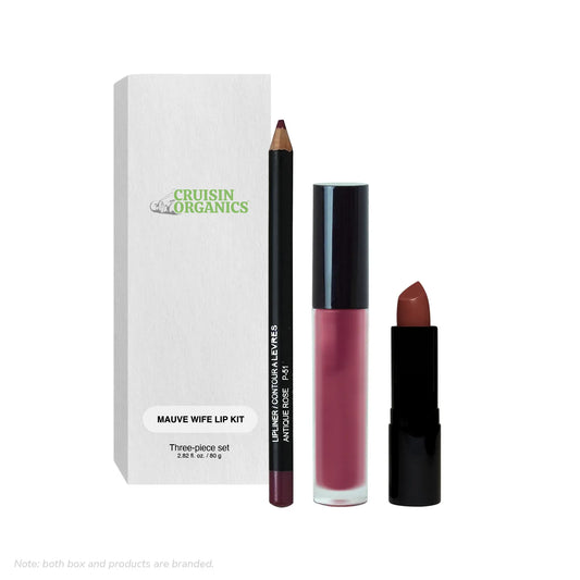 Enhance your pout with Cruisin Organic's Gourmet Lip Kit - Mauve Wild. This trio of full-size items includes a lip liner, lipstick, and lip gloss, all carefully selected to give you the perfect mauve hue. Get the ideal pout with just one kit!