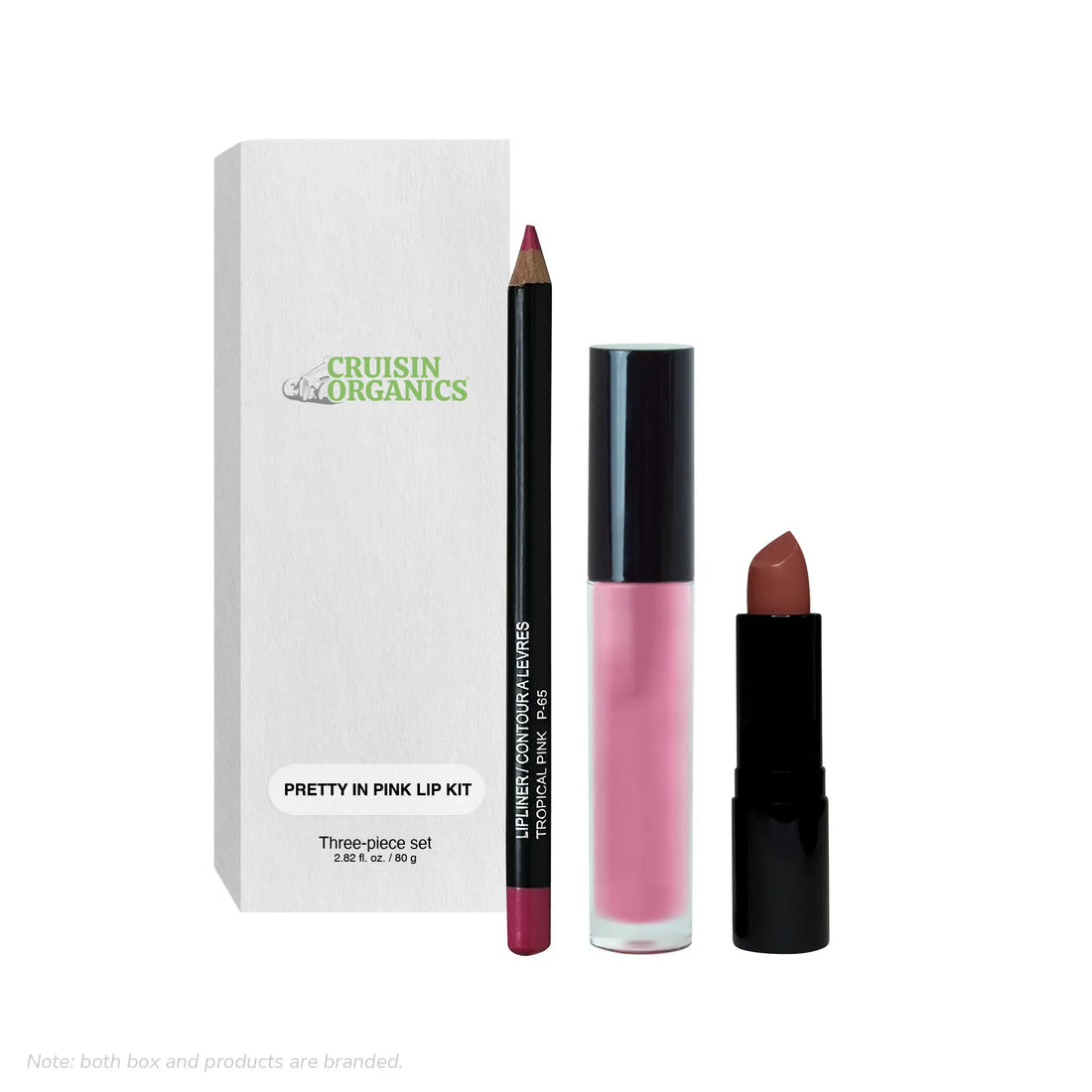 Irresistible Pink Lip Kit by Cruisin Organic. A trio of full-size items, comprising a pink lip liner, choice pink lipstick, and  darling pink lip gloss, are included in this carefully selected kit. all the components required for the ideal pout. This collection comprises: Weighed 11 g or 0.04 oz net. Apple&