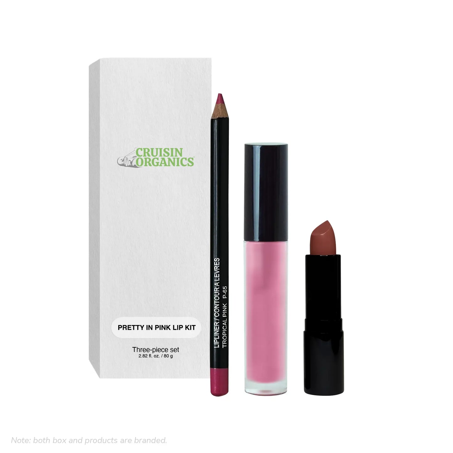 Irresistible Pink Lip Kit by Cruisin Organic. A trio of full-size items, comprising a pink lip liner, choice pink lipstick, and  darling pink lip gloss, are included in this carefully selected kit. all the components required for the ideal pout. This collection comprises: Weighed 11 g or 0.04 oz net. Apple's Lip Liner Gross weight: 3.40 g / 0.12 oz. The Pretty in Pink Net 5 mL/0.17 fl. oz. Luxury Cream Lipstick is available. ropics 