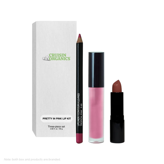 Gourmet Lip Kit by Cruisin Organic. A trio of full-size items, comprising a lip liner, lipstick, and lip gloss, are included in this carefully selected kit. all the components required for the ideal pout. This collection comprises: Weighed 11 g or 0.04 oz net. Apple's Lip Liner Gross weight: 3.40 g / 0.12 oz. The Pretty in Pink Net 5 mL/0.17 fl. oz. Luxury Cream Lipstick is available. 