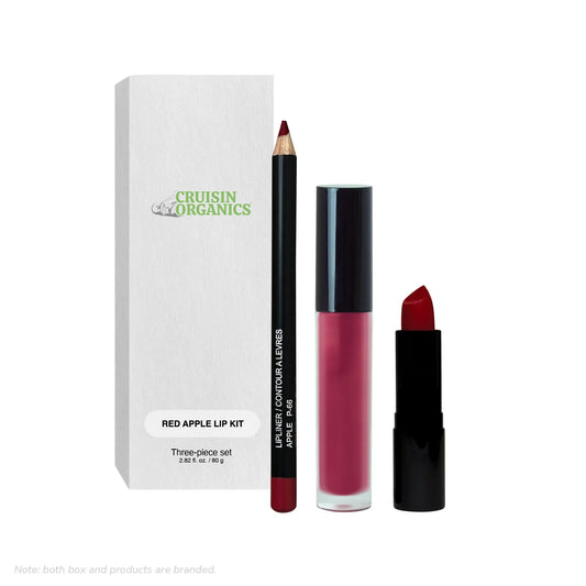 Premium Lip Kit from Cruisin Organic. A lip liner, lipstick, and lip gloss are among the three full-size goods in this carefully assembled collection. Everything required to achieve the ideal pout. This collection consists of: Net weight: 0.04 oz/11 g. - Apple Lip Liner Net weight: 0.12 oz / 3.40 g. - Regal Red Net 5 mL / 0.17 fl. oz. Luxury Cream Lipstick. - Rouge Lip Gloss   