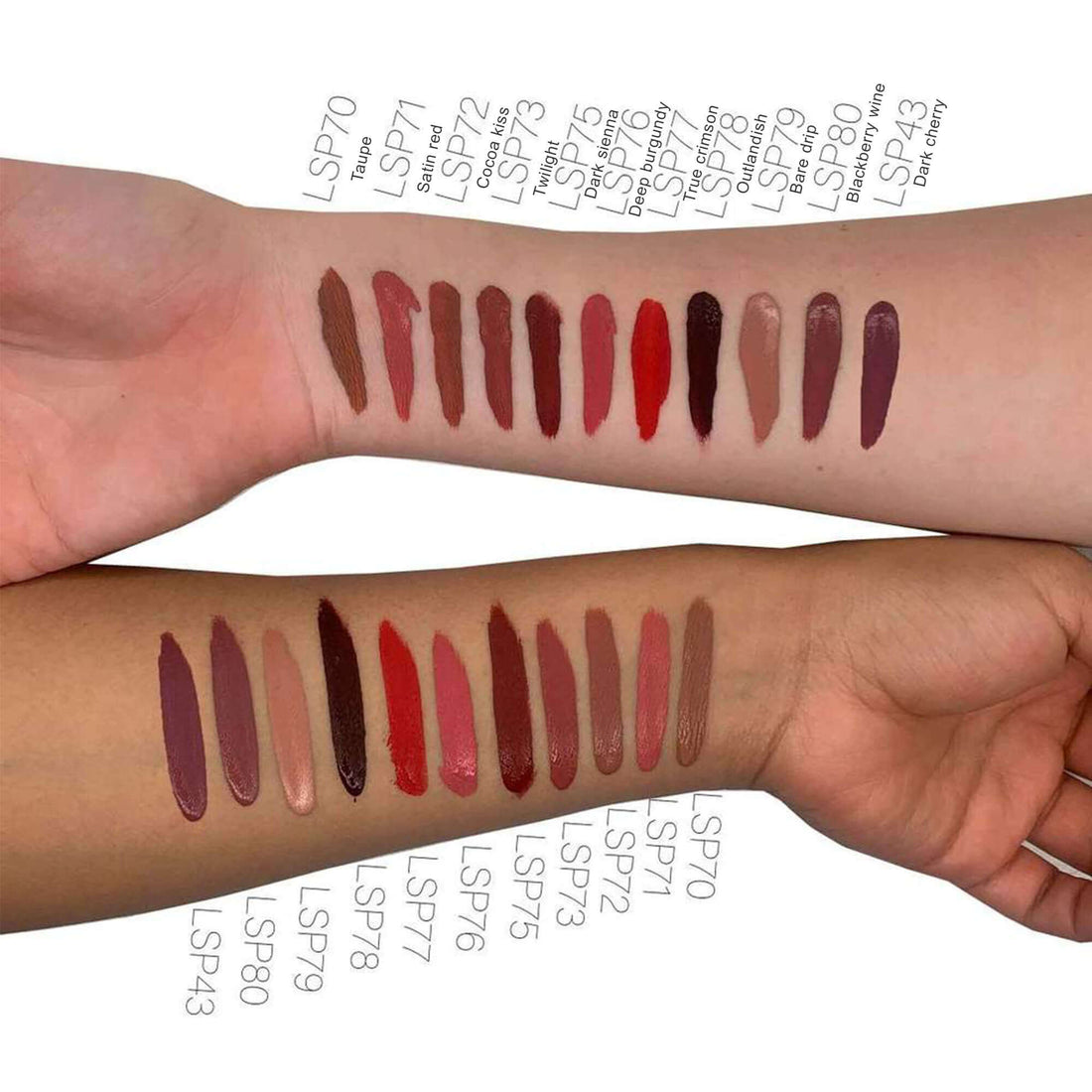 Professional arm swatches displaying the velvety, pigment-rich shades of Cruisin Organics matte lip stains, emphasizing the bold texture of Crimson Red Rose.