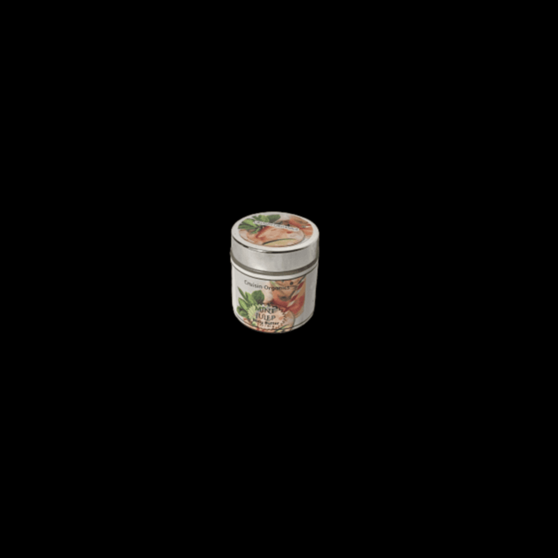 Small jar with a decorative label on a black background