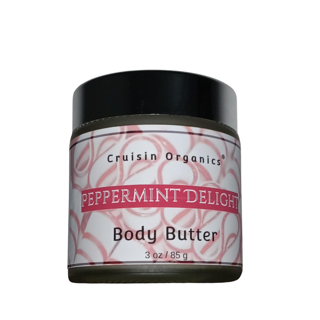 Glass Jar of Cruisin Organics Organic Peppermint Delight Body Butter on a white background