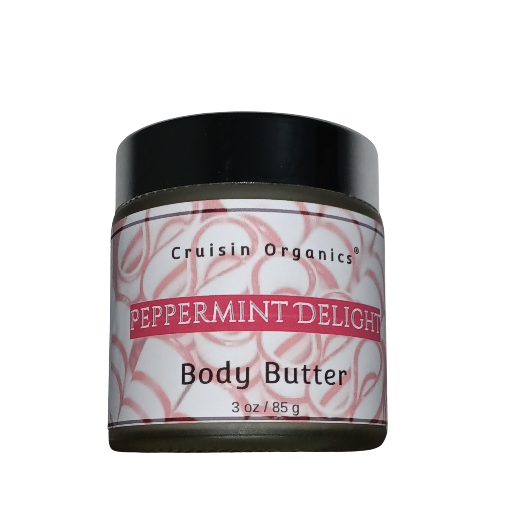 Glass Jar of Cruisin Organics Organic Peppermint Delight Body Butter on a white background