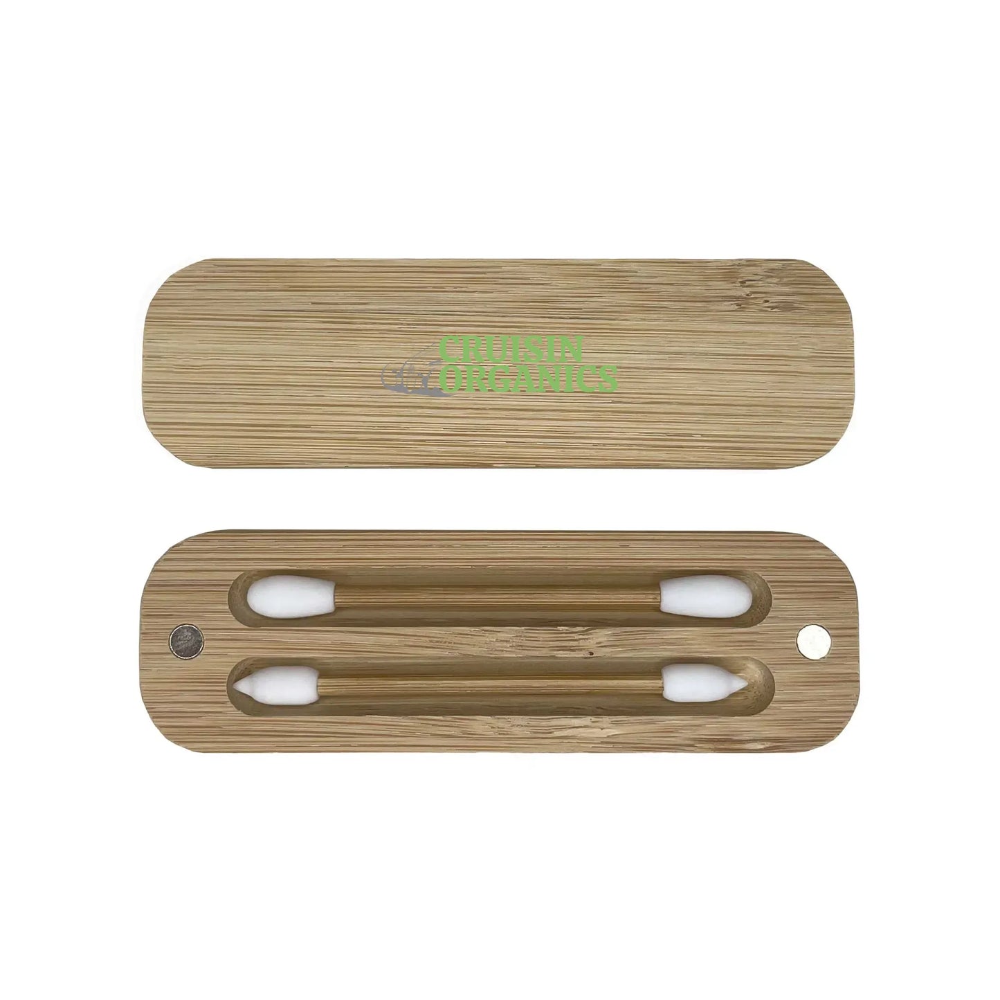 Introducing Cruisin Organics Bamboo Carrying Case for Reusable Makeup Swabs! Made with eco-friendly silicone and sturdy bamboo sticks, these dual-tip swabs are perfect for all skin types. They are reusable, easy to clean, and come with a portable bamboo case for travel - no more plastic swabs!