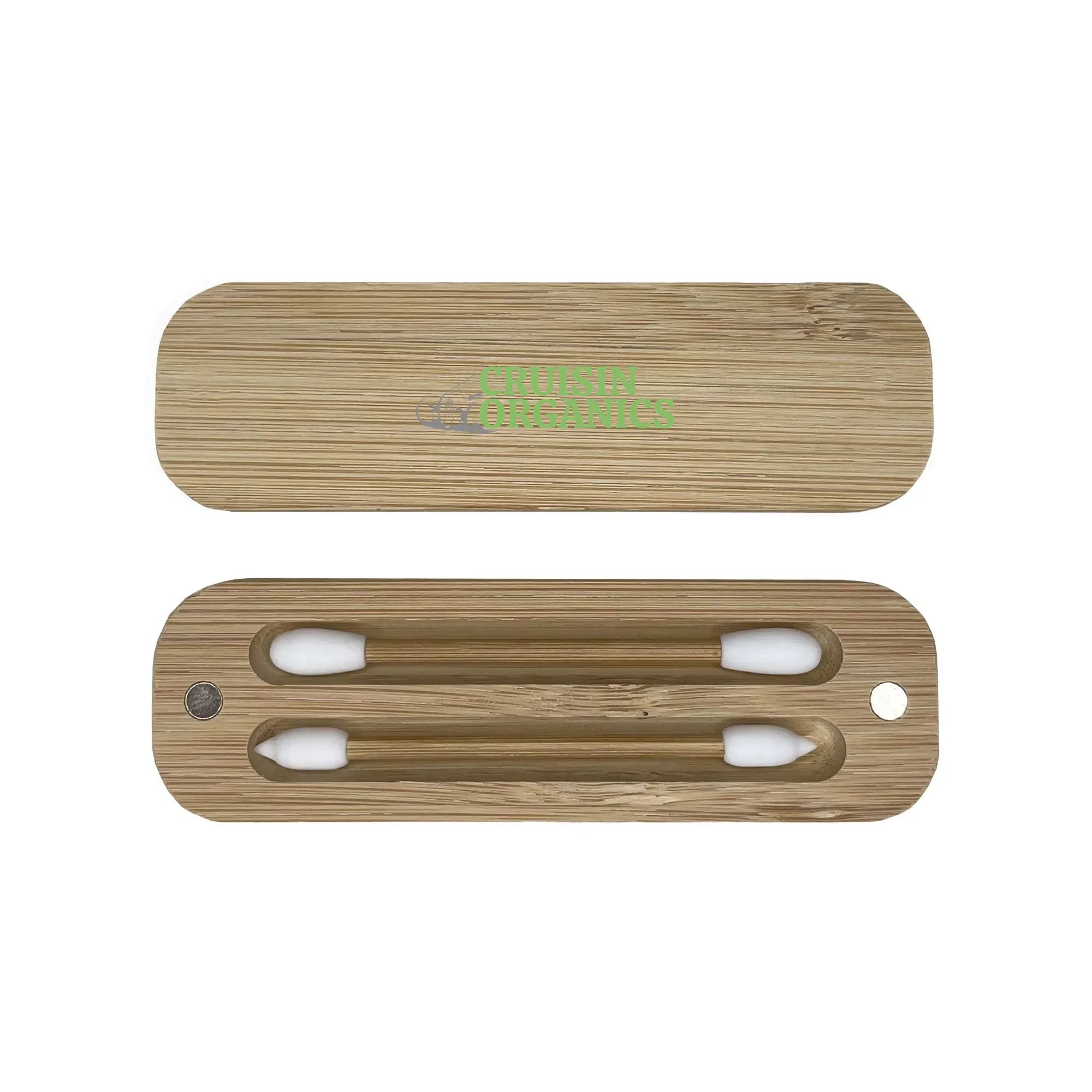 Introducing Cruisin Organics Bamboo Carrying Case for Reusable Makeup Swabs! Made with eco-friendly silicone and sturdy bamboo sticks, these dual-tip swabs are perfect for all skin types. They are reusable, easy to clean, and come with a portable bamboo case for travel - no more plastic swabs!