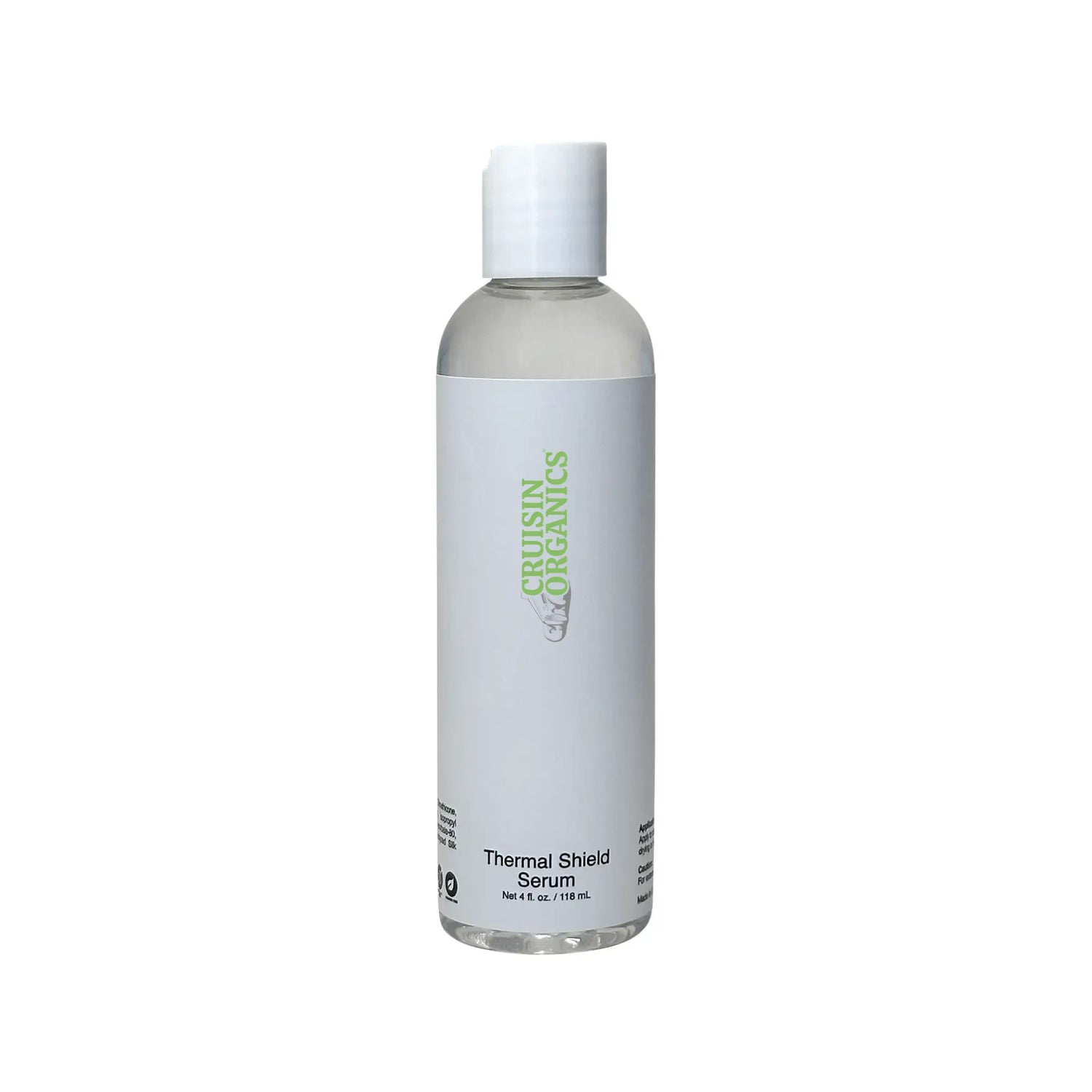 Thermal Shield Hair Serum by Cruisin Organics. Enhance and protect hair in any style. Silk Protein improves shine, elasticity, and prevents breakage. Lightweight and suitable for all hair types. Does not contain phthalates, PEGs, or parabens.