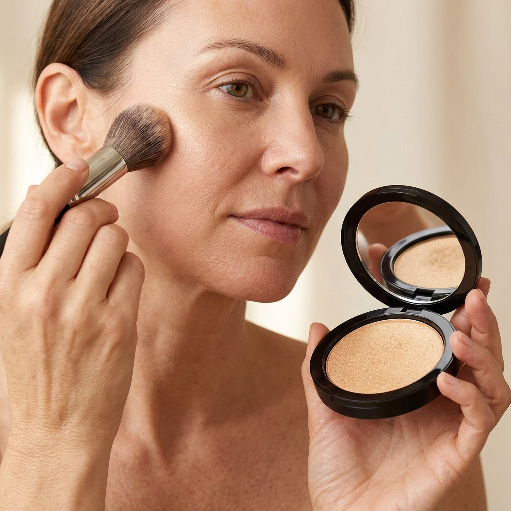 Applying Luminate to the cheekbone with a makeup brush