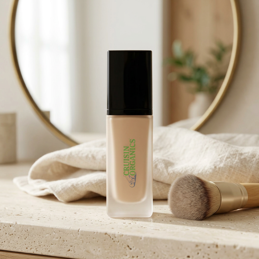 Barely There foundation on a warm neutral vanity