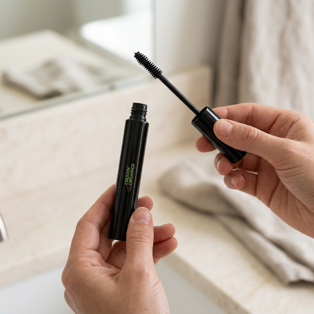 Black Mascara held during a makeup routine