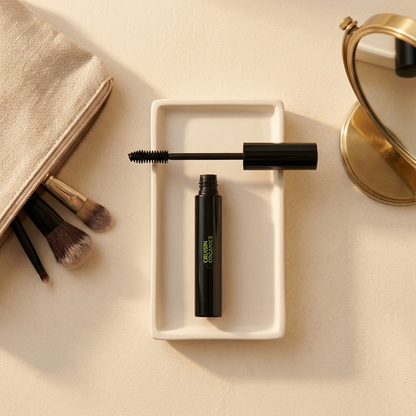 Black Mascara styled beside a linen makeup pouch