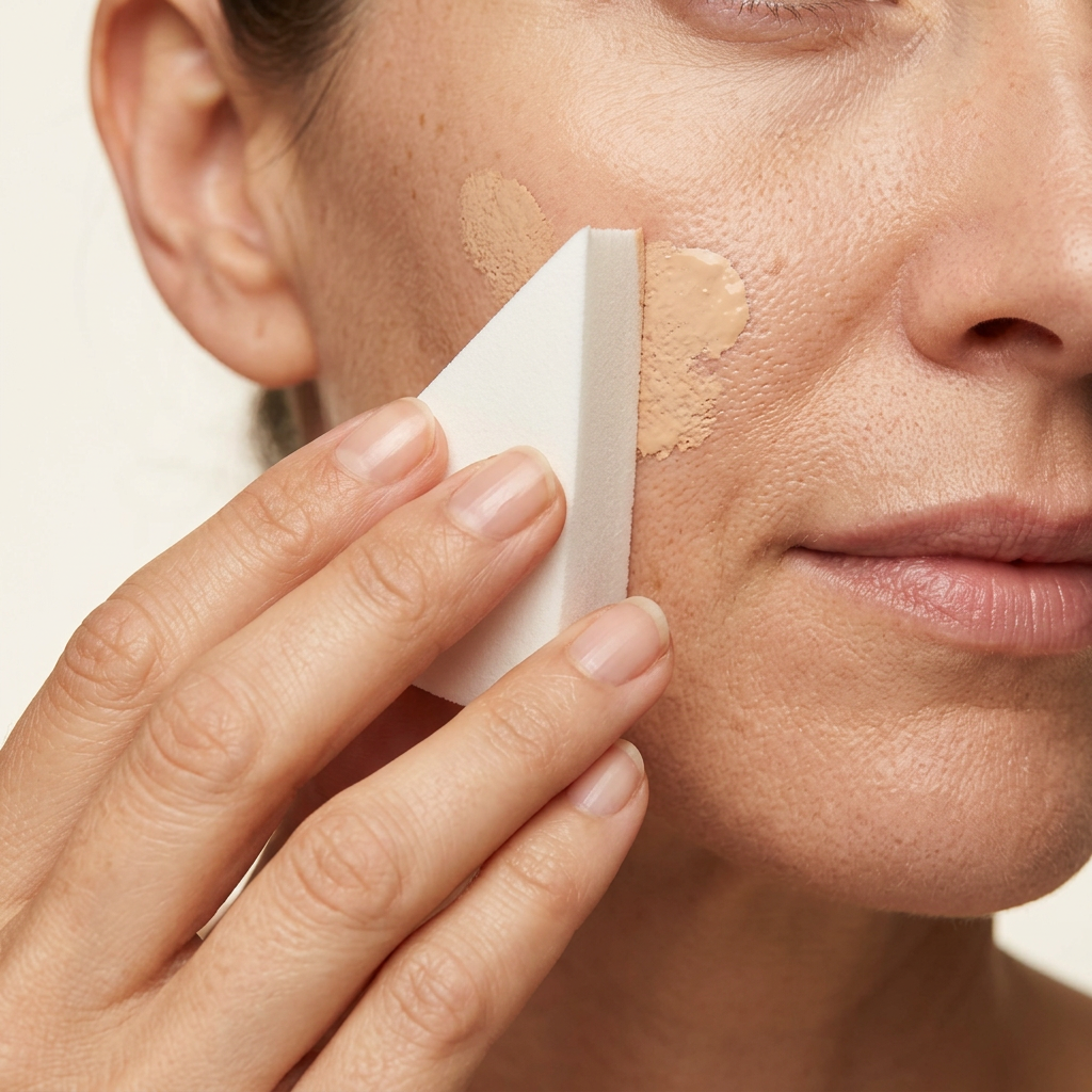 Blending foundation on the cheek with a cosmetic wedge