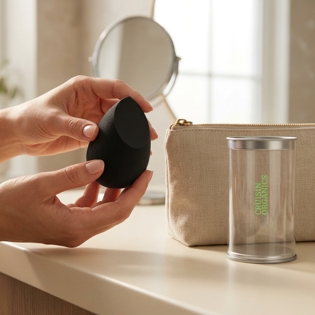 Classic Blender held beside a linen makeup pouch
