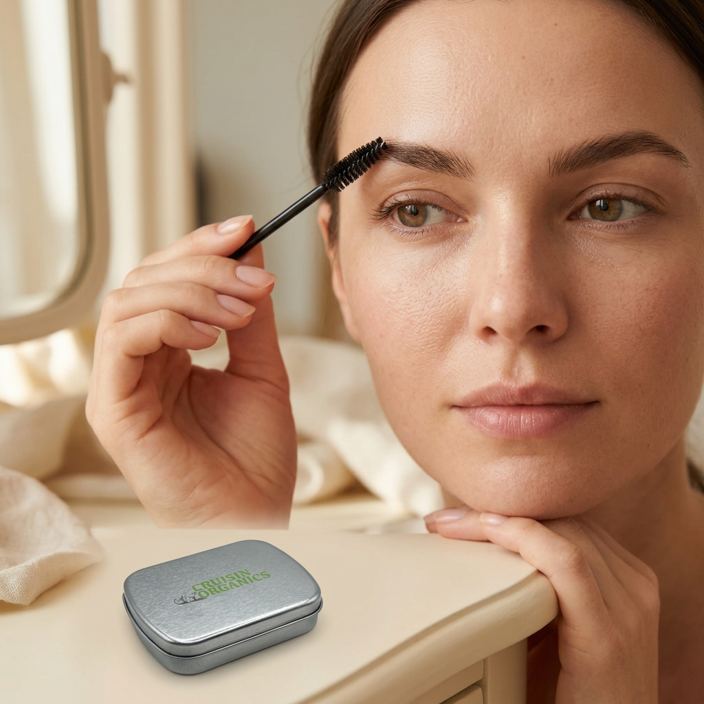 Clear Brow Soap spoolie being used to groom eyebrows