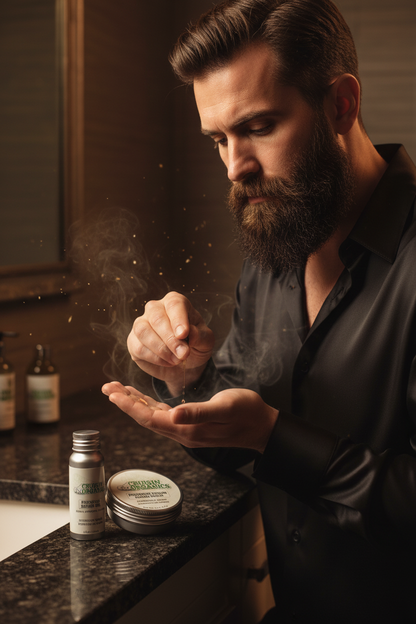 Confident man applying Cruisin Organics Oracle Beard Ritual oil in a dramatic moody editorial