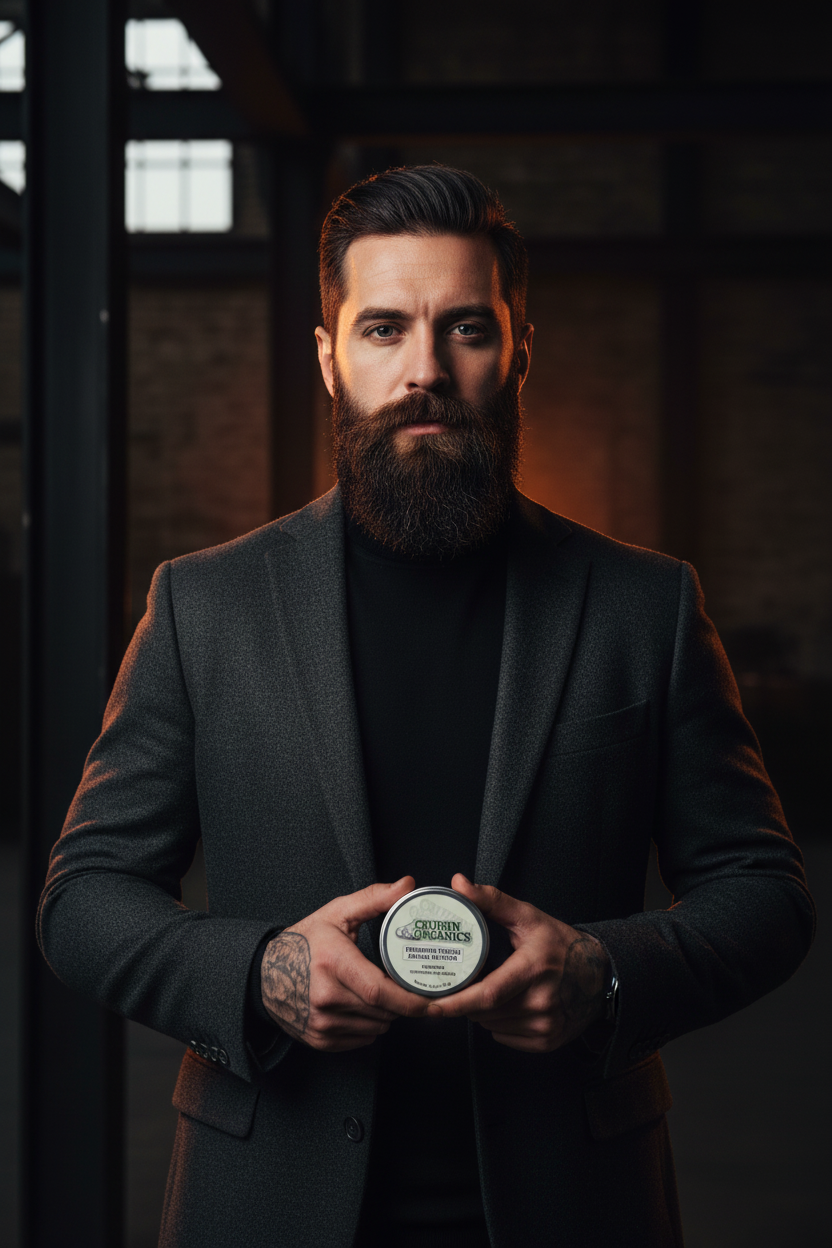 Confident rugged man with full beard beside Cruisin Organics Gearbox Beard Butter in a dramatic editorial