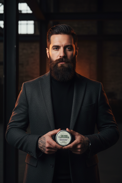 Confident rugged man with full beard beside Cruisin Organics Gearbox Beard Butter in a dramatic editorial