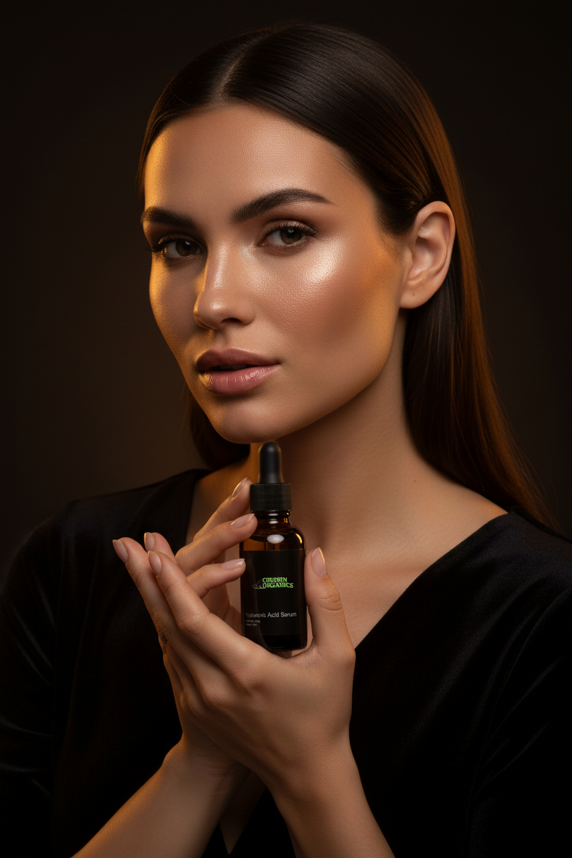 Confident woman holding Cruisin Organics Hyaluronic Acid Serum in fashion shot