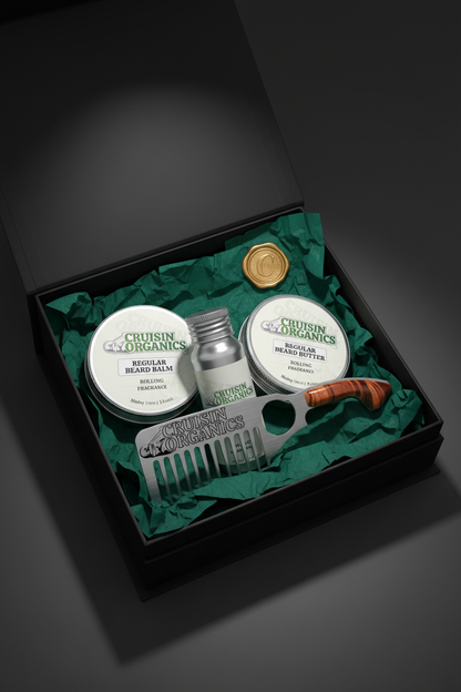 Cruisin Organics Absolute Beard Ritual 4-piece set in an open premium black gift box with gold seal and botanical tissue