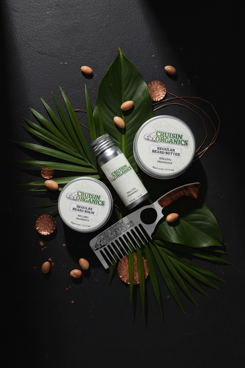 Cruisin Organics Absolute Beard Ritual 4-piece set on black polished stone with tropical botanicals and copper accents