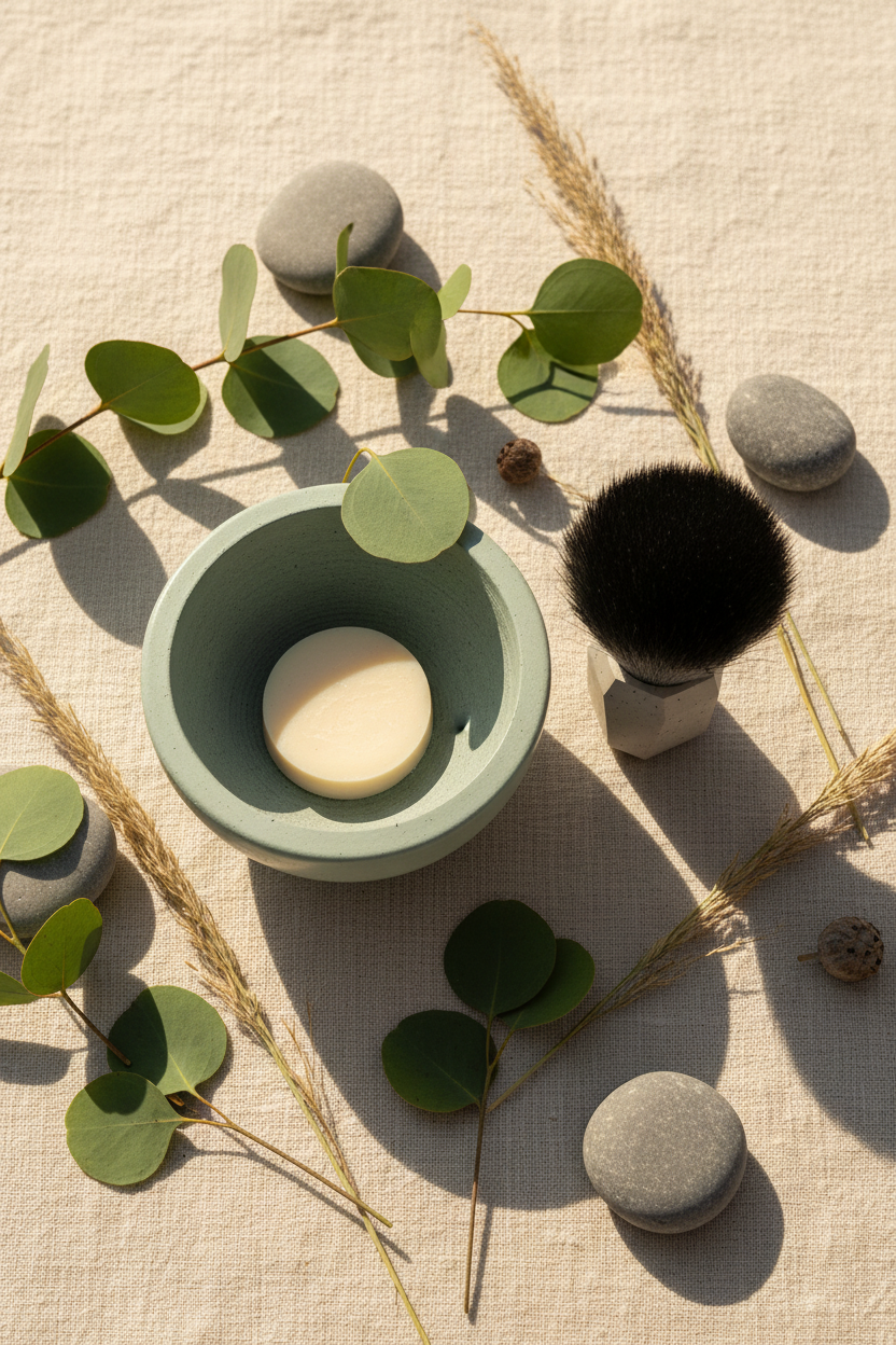 Cruisin Organics Concrete Classic Ritual sage green bowl and brush in a natural artisan flat-lay with eucalyptus and river pebbles