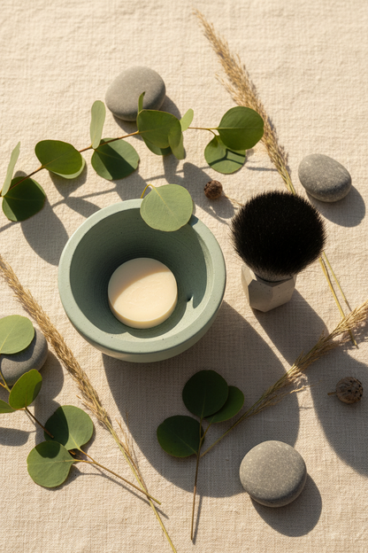 Cruisin Organics Concrete Classic Ritual sage green bowl and brush in a natural artisan flat-lay with eucalyptus and river pebbles