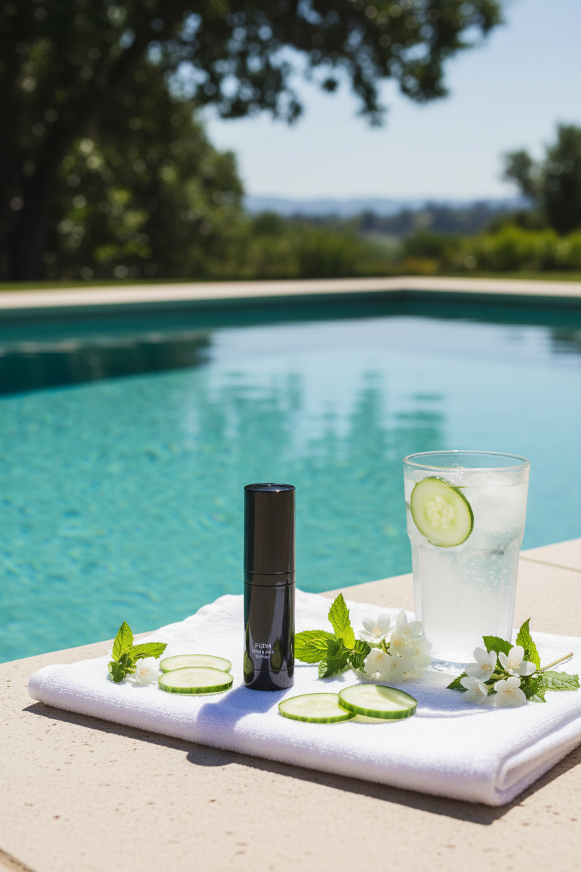Cruisin Organics Cucumber Serum in outdoor spa setting with cucumbers by water