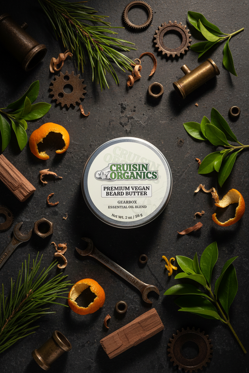 Cruisin Organics Gearbox Beard Butter in a rugged industrial botanical flat-lay