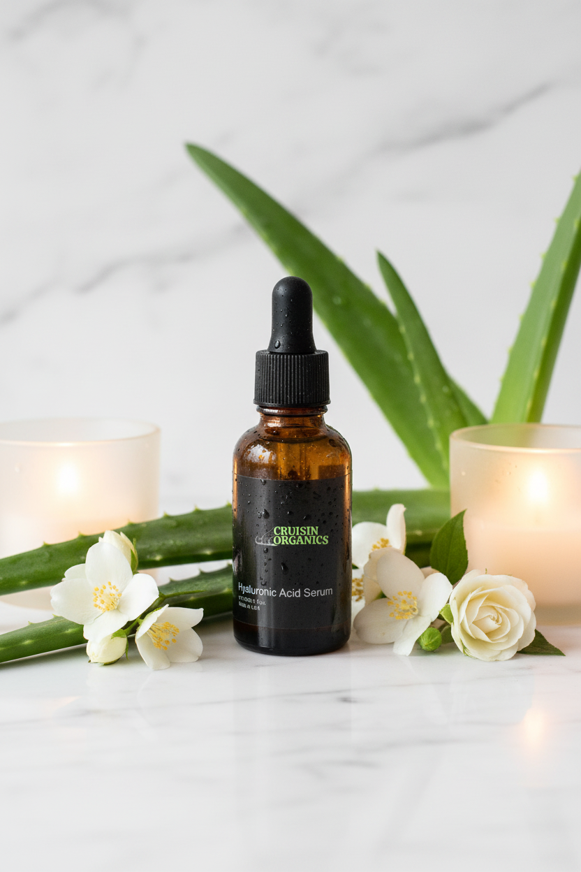 Cruisin Organics Hyaluronic Acid Serum in luxury spa setting