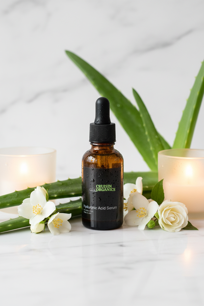 Cruisin Organics Hyaluronic Acid Serum in luxury spa setting