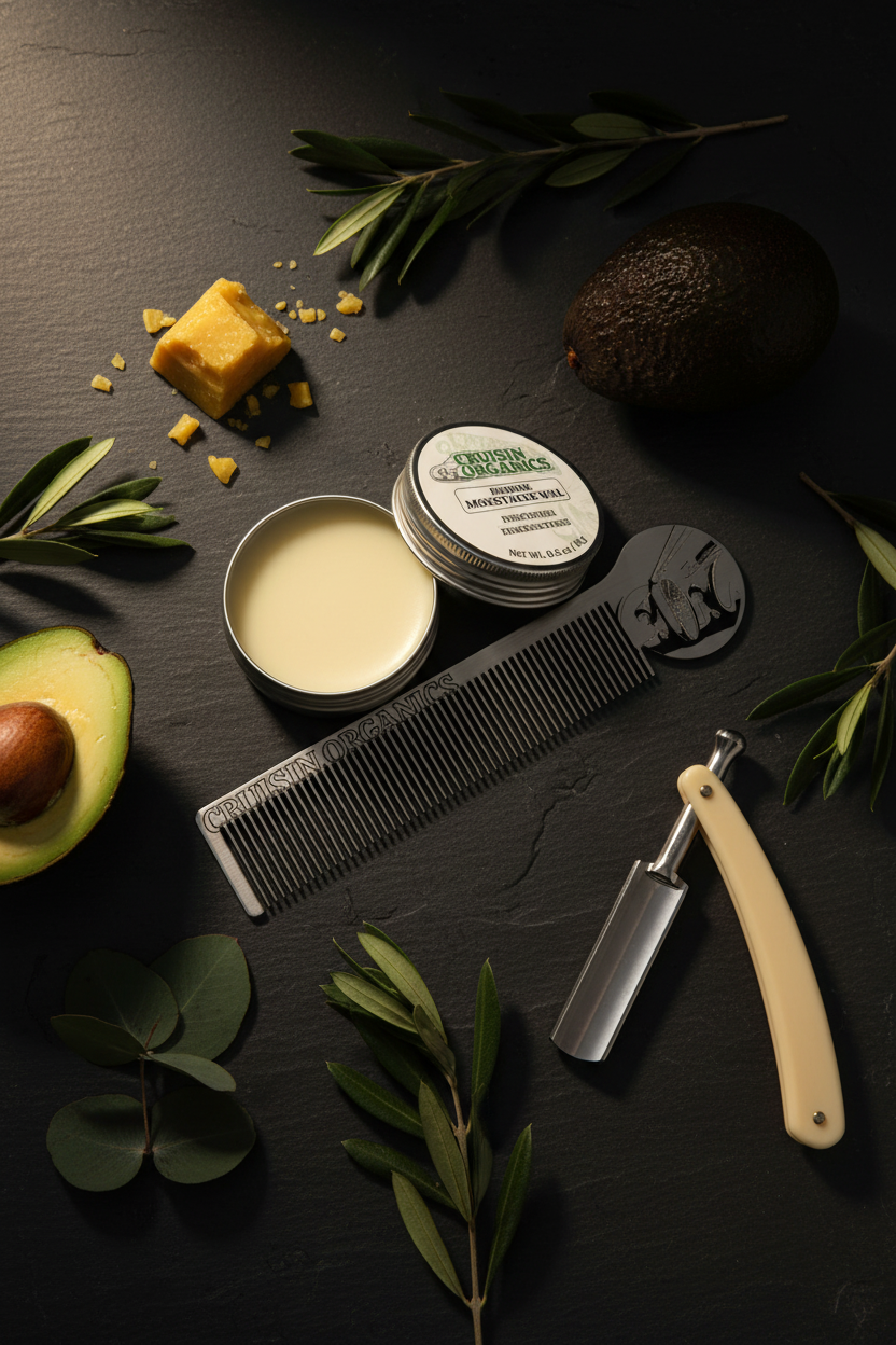 Cruisin Organics Moustache Wax and Stainless Comb masculine grooming flat-lay