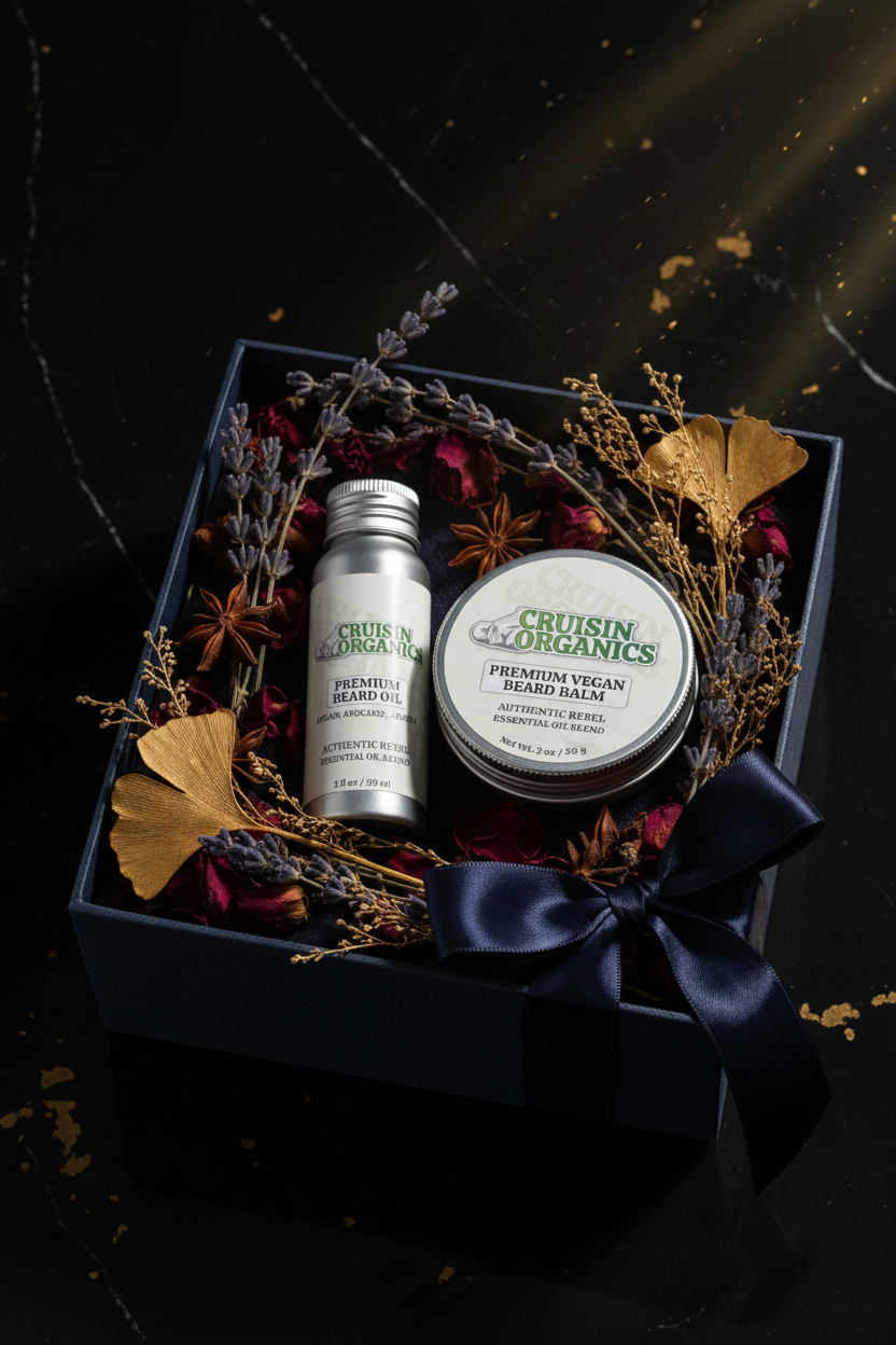 Cruisin Organics Oracle Beard Ritual duo presented as a luxury gift with dark moody botanicals