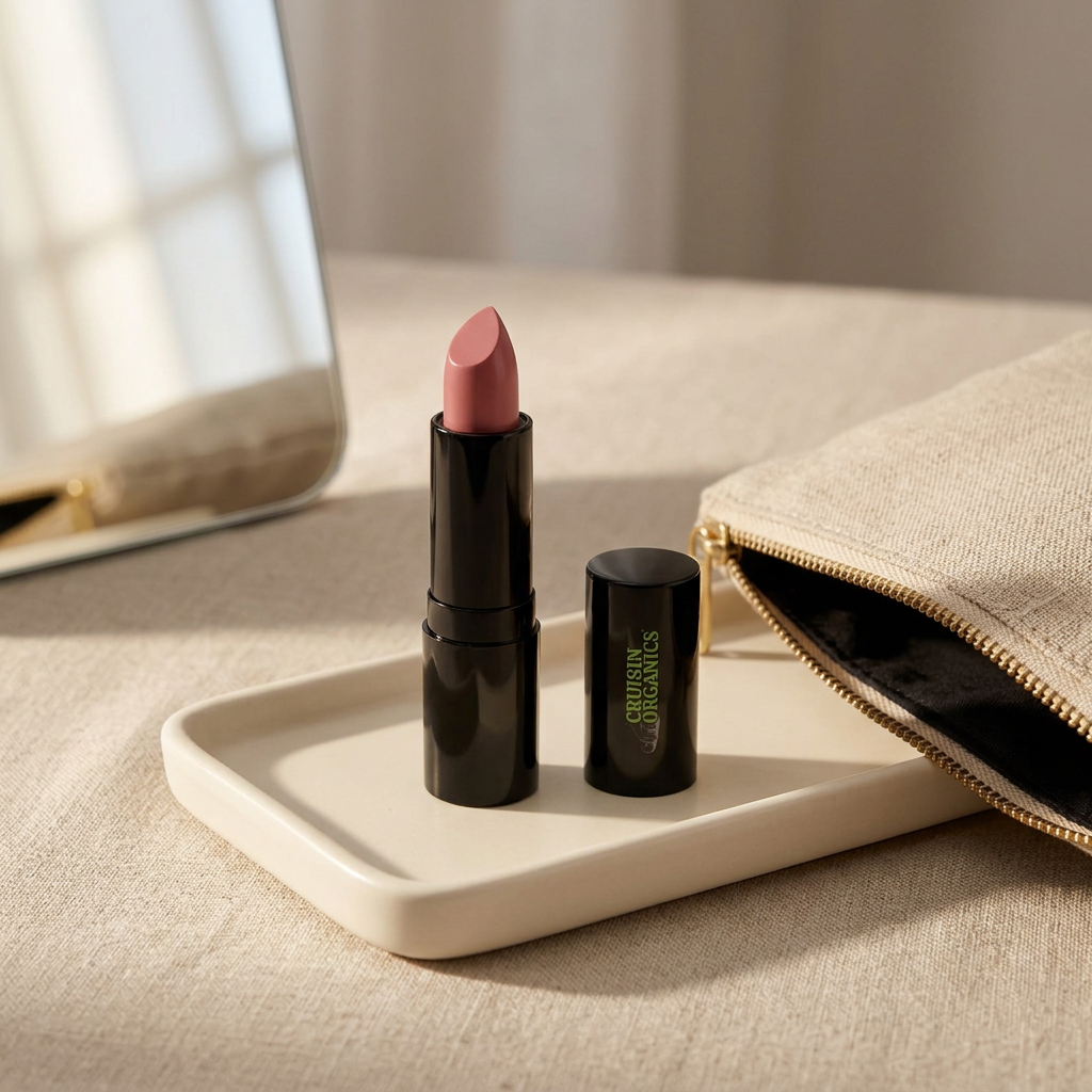 Darling Dahlia lipstick beside a linen makeup pouch